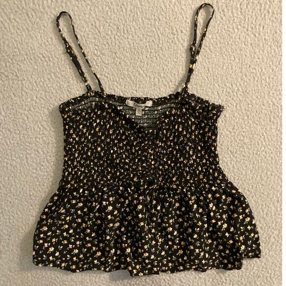 Papaya Tank Top Medium Floral Flare Stretch Smocked Black Yellow Cottage Y2K - Picture 3 of 15
